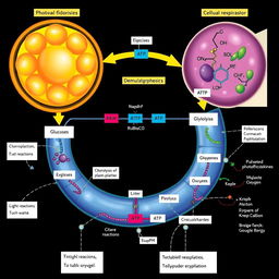 A detailed and visually engaging illustration showcasing the connection between three key biological processes: photosynthesis (both light and dark reactions), glycolysis, and the Kreb's cycle