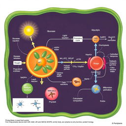 A detailed and visually engaging illustration showcasing the connection between three key biological processes: photosynthesis (both light and dark reactions), glycolysis, and the Kreb's cycle
