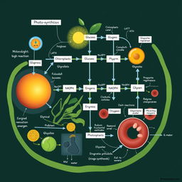 A detailed and visually engaging illustration showcasing the connection between three key biological processes: photosynthesis (both light and dark reactions), glycolysis, and the Kreb's cycle