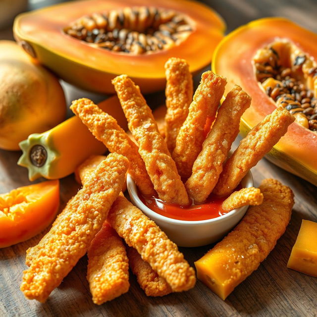 A detailed and vibrant image of delicious fried papaya sticks, arranged artistically on a rustic wooden table