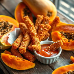 A detailed and vibrant image of delicious fried papaya sticks, arranged artistically on a rustic wooden table