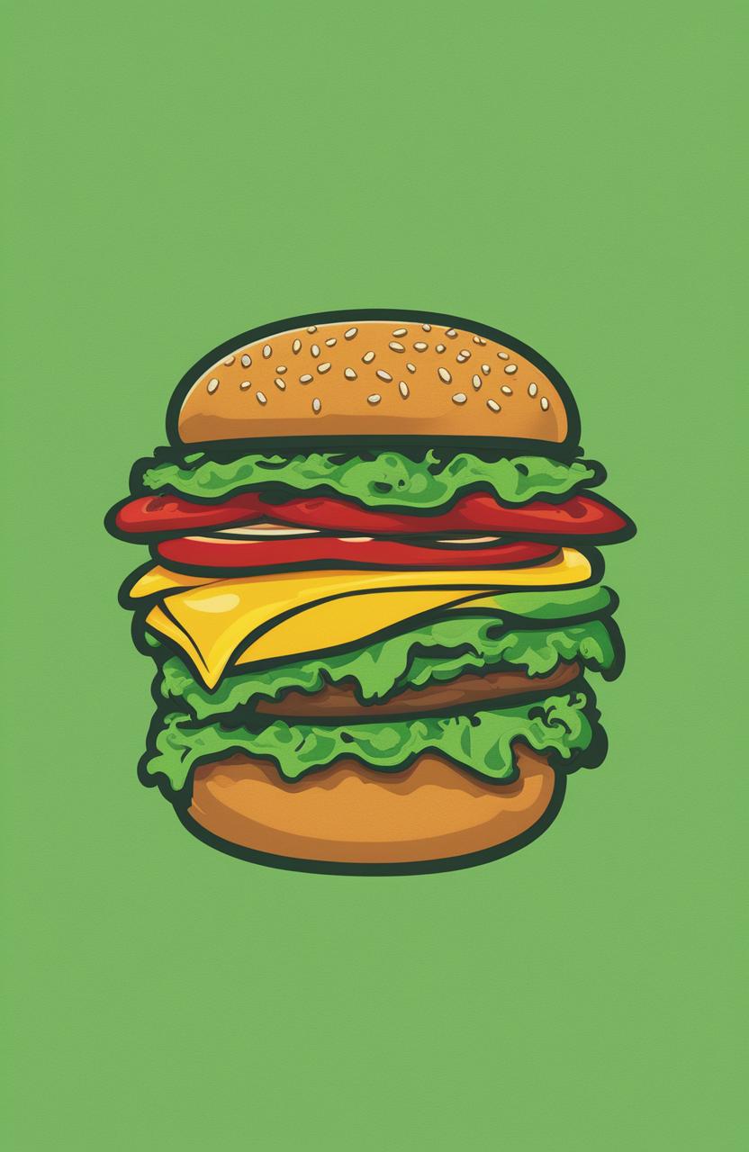 A high-resolution image of a vibrant green graphic tee with a large, cartoonish burger design