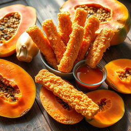 A detailed and vibrant image of delicious fried papaya sticks, arranged artistically on a rustic wooden table