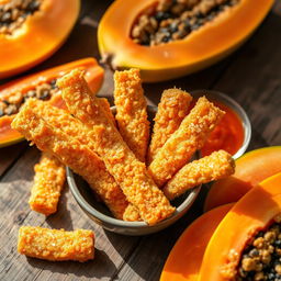 A detailed and vibrant image of delicious fried papaya sticks, arranged artistically on a rustic wooden table