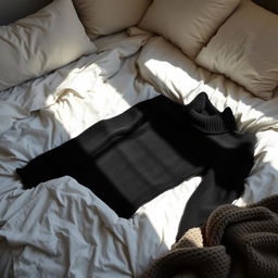 A cozy black turtleneck sweater casually lying on an unmade bed, with soft natural sunlight streaming through a nearby window, casting gentle shadows
