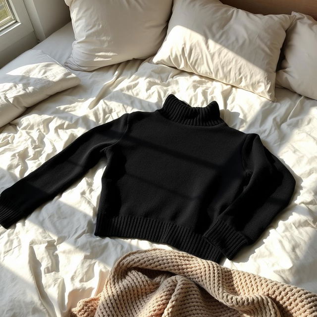 A cozy black turtleneck sweater casually lying on an unmade bed, with soft natural sunlight streaming through a nearby window, casting gentle shadows