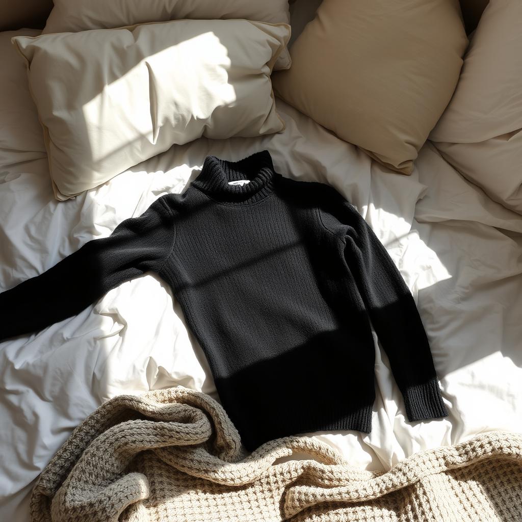 A cozy black turtleneck sweater casually lying on an unmade bed, with soft natural sunlight streaming through a nearby window, casting gentle shadows