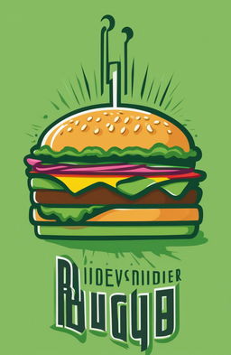 A high-resolution image of a vibrant green graphic tee with a large, cartoonish burger design