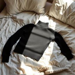 A cozy black turtleneck sweater casually lying on an unmade bed, with soft natural sunlight streaming through a nearby window, casting gentle shadows
