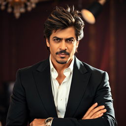 A striking portrait of Shah Rukh Khan (SRK), an iconic Bollywood actor known for his charismatic expressions and engaging demeanor