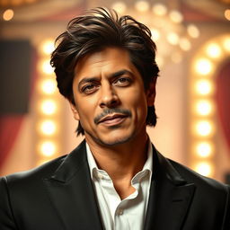 A striking portrait of Shah Rukh Khan (SRK), an iconic Bollywood actor known for his charismatic expressions and engaging demeanor