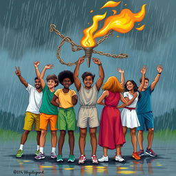 A vibrant and energetic scene depicting a group of 5-7 diverse students standing together in a circle, each representing different backgrounds and identities, showcasing unity and solidarity