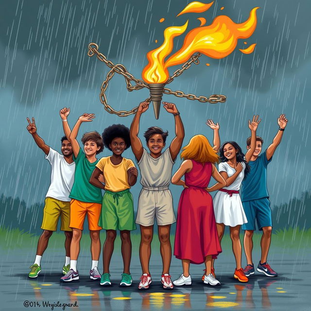 A vibrant and energetic scene depicting a group of 5-7 diverse students standing together in a circle, each representing different backgrounds and identities, showcasing unity and solidarity
