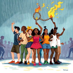 A vibrant and energetic scene depicting a group of 5-7 diverse students standing together in a circle, each representing different backgrounds and identities, showcasing unity and solidarity