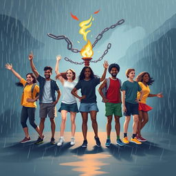 A vibrant and energetic scene depicting a group of 5-7 diverse students standing together in a circle, each representing different backgrounds and identities, showcasing unity and solidarity