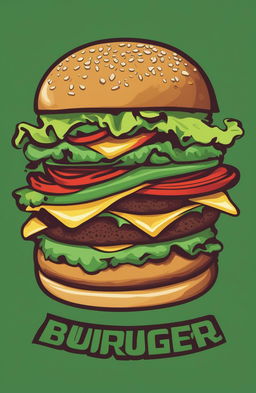 A high-resolution image of a vibrant green graphic tee with a large, cartoonish burger design