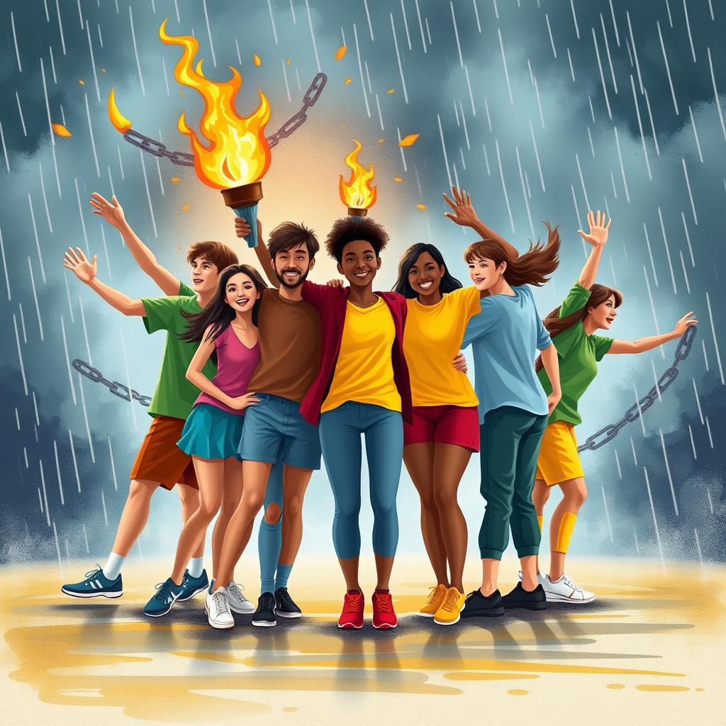 A vibrant and energetic scene depicting a group of 5-7 diverse students standing together in a circle, each representing different backgrounds and identities, showcasing unity and solidarity