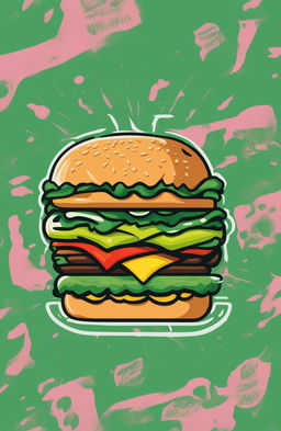 A high-resolution image of a vibrant green graphic tee with a large, cartoonish burger design