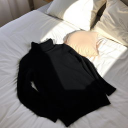A black turtleneck sweater casually lying on a neatly made bed, with soft, natural lighting spilling through a nearby window, highlighting the texture of the fabric