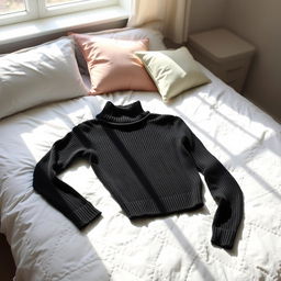 A black turtleneck sweater casually lying on a neatly made bed, with soft, natural lighting spilling through a nearby window, highlighting the texture of the fabric