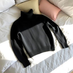 A black turtleneck sweater casually lying on a neatly made bed, with soft, natural lighting spilling through a nearby window, highlighting the texture of the fabric