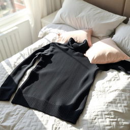 A black turtleneck sweater casually lying on a neatly made bed, with soft, natural lighting spilling through a nearby window, highlighting the texture of the fabric