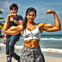 An Indonesian woman with a muscular physique, featuring large biceps and detailed six-pack abs, is wearing a white button-up tight crop top and low-waist batik cloth