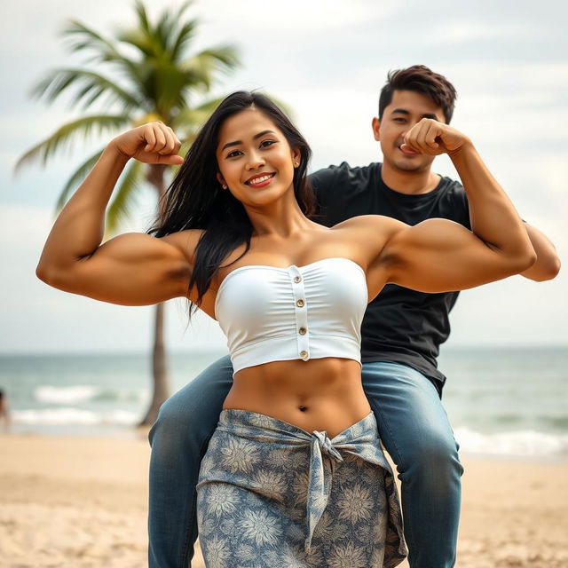 An Indonesian woman with a muscular physique, featuring large biceps and detailed six-pack abs, is wearing a white button-up tight crop top and low-waist batik cloth