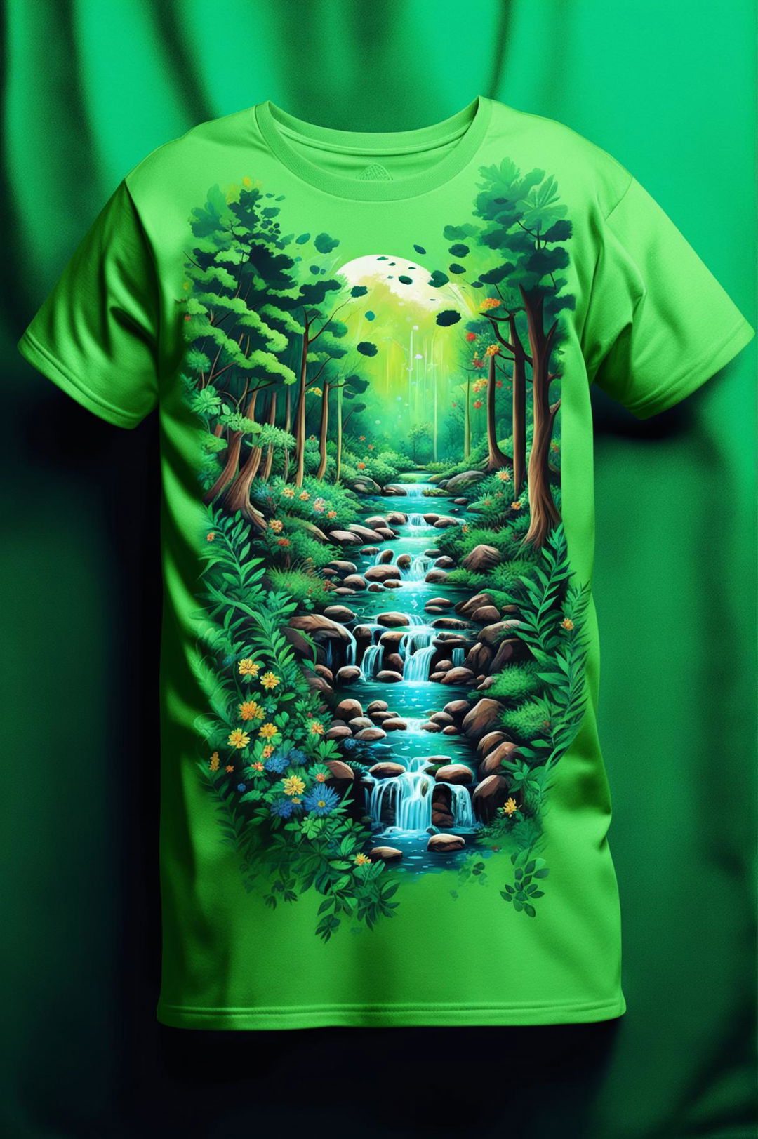 This is a digital art piece of a high-quality, unisex green graphic t-shirt