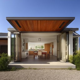 A single-story house with four rooms, featuring a cozy living room, a large kitchen with an island, and big windows.