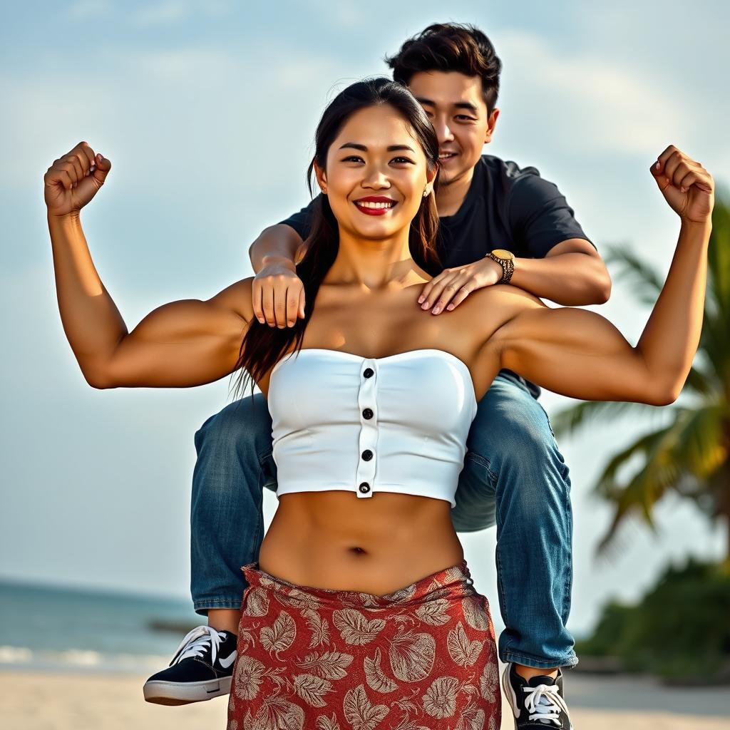 An Indonesian woman with a muscular physique, featuring large biceps and detailed six-pack abs, is wearing a white button-up tight crop top and low-waist batik cloth