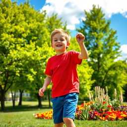 A young boy playing outside in a sunny park, surrounded by vibrant green trees and colorful flowers