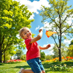 A young boy playing outside in a sunny park, surrounded by vibrant green trees and colorful flowers
