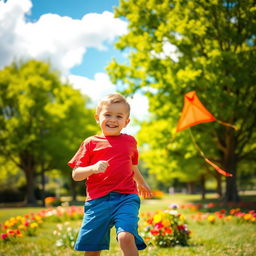 A young boy playing outside in a sunny park, surrounded by vibrant green trees and colorful flowers