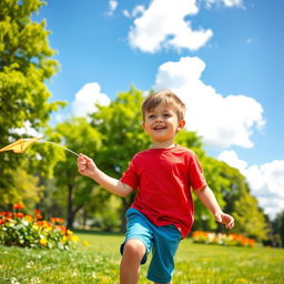A young boy playing outside in a sunny park, surrounded by vibrant green trees and colorful flowers