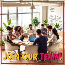 A vibrant hiring poster showcasing a modern and inviting workspace
