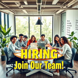 A vibrant hiring poster showcasing a modern and inviting workspace