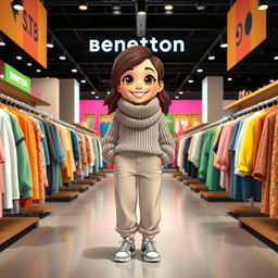 A large and beautiful cartoon model standing in a Benetton clothing store