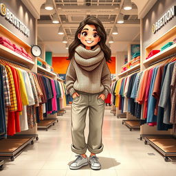 A large and beautiful cartoon model standing in a Benetton clothing store