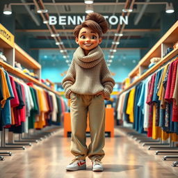 A large and beautiful cartoon model standing in a Benetton clothing store