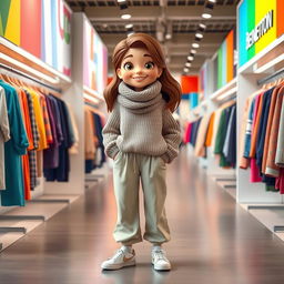 A large and beautiful cartoon model standing in a Benetton clothing store