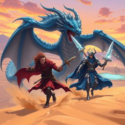 An epic anime-style fantasy illustration depicting a red Dragonborn warrior marching angrily, wielding a fierce weapon, alongside a blue Dragonborn tempest cleric clad in shining armor