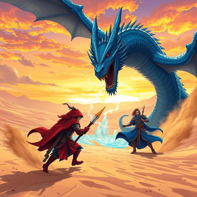 An epic anime-style fantasy illustration depicting a red Dragonborn warrior marching angrily, wielding a fierce weapon, alongside a blue Dragonborn tempest cleric clad in shining armor