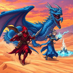 An epic anime-style fantasy illustration depicting a red Dragonborn warrior marching angrily, wielding a fierce weapon, alongside a blue Dragonborn tempest cleric clad in shining armor