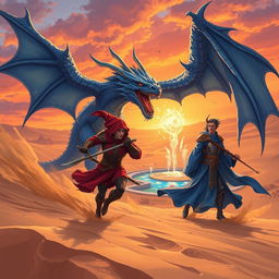 An epic anime-style fantasy illustration depicting a red Dragonborn warrior marching angrily, wielding a fierce weapon, alongside a blue Dragonborn tempest cleric clad in shining armor