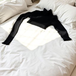A stylish black turtleneck sweater casually lying on a pristine white bed, the soft texture of the sweater contrasting with the smoothness of the bedding