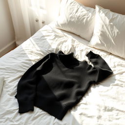 A stylish black turtleneck sweater casually lying on a pristine white bed, the soft texture of the sweater contrasting with the smoothness of the bedding