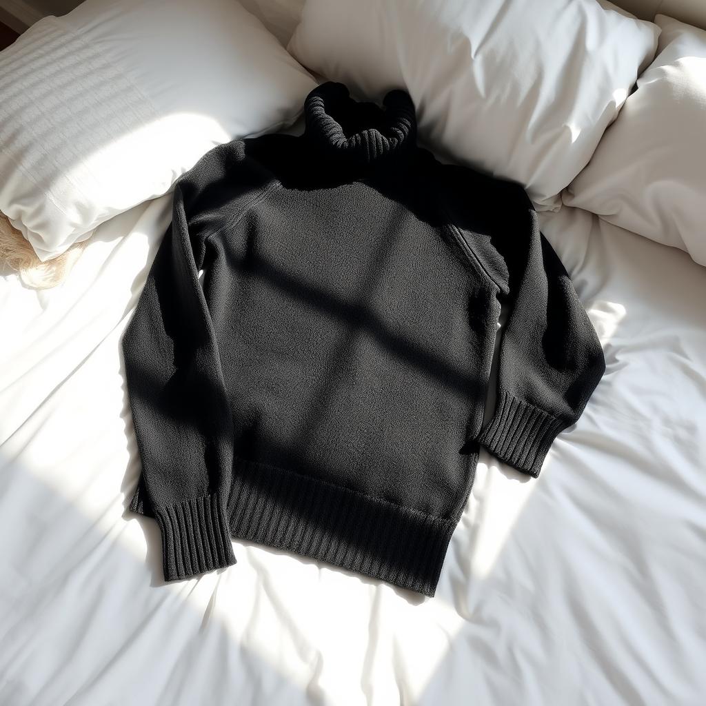 A stylish black turtleneck sweater casually lying on a pristine white bed, the soft texture of the sweater contrasting with the smoothness of the bedding