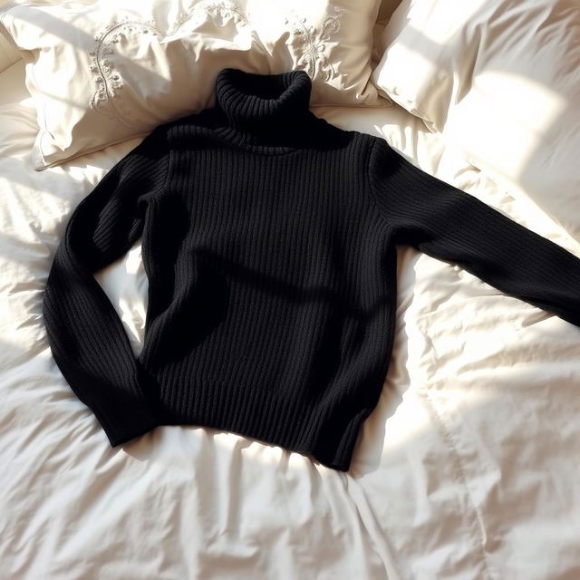 A stylish black turtleneck sweater casually lying on a pristine white bed, the soft texture of the sweater contrasting with the smoothness of the bedding