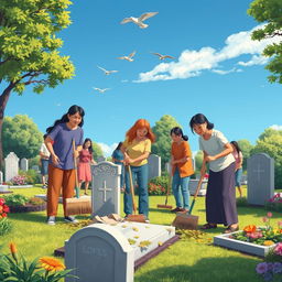 A serene scene depicting a group of people cleaning and tidying up a cemetery